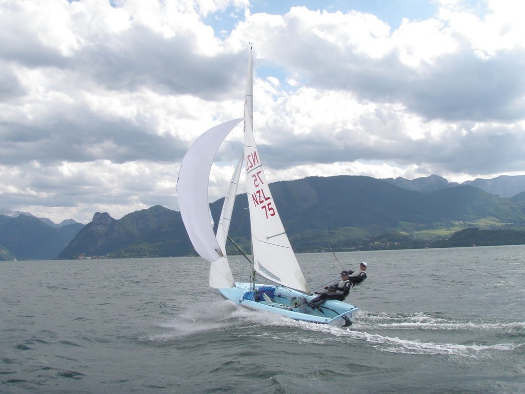 Jo Aleh and Olivia Powrie training on the lake before the 470 Womens Europeans. Image by: Team Jolly Racing © SW
